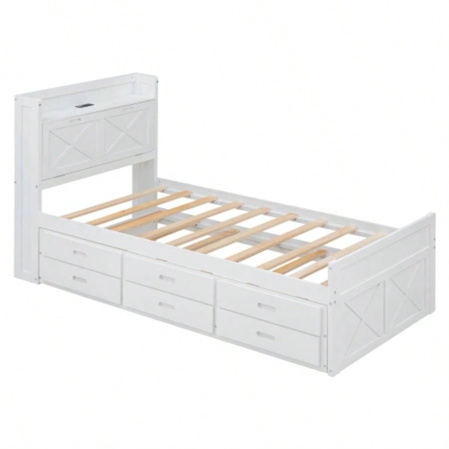 Twin Size Wooden Bed with Storage Headboard with Outlets, Extendable Bed with Twin Size Trundle with Three Storage Drawers, White