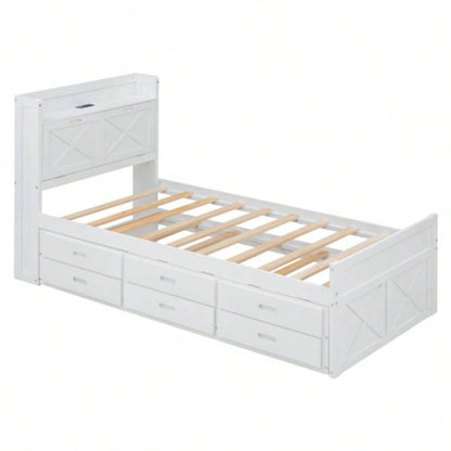 Twin Size Wooden Bed with Storage Headboard with Outlets, Extendable Bed with Twin Size Trundle with Three Storage Drawers, White