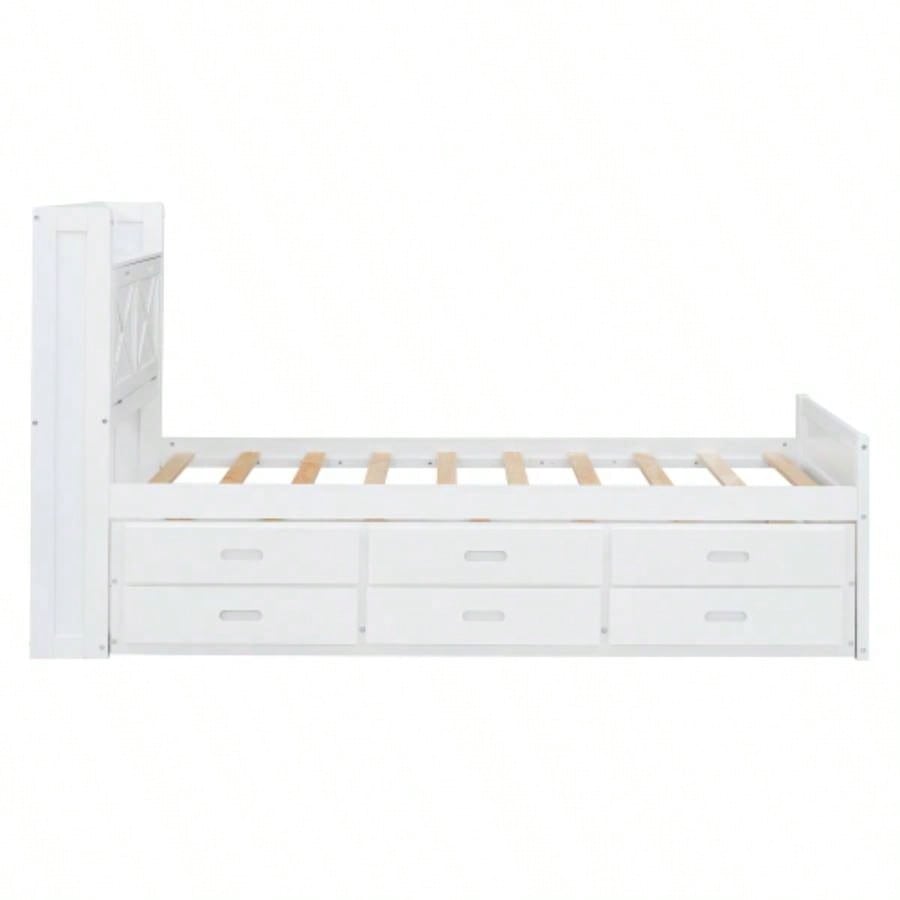 Twin Size Wooden Bed with Storage Headboard with Outlets, Extendable Bed with Twin Size Trundle with Three Storage Drawers, White