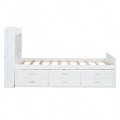 Twin Size Wooden Bed with Storage Headboard with Outlets, Extendable Bed with Twin Size Trundle with Three Storage Drawers, White