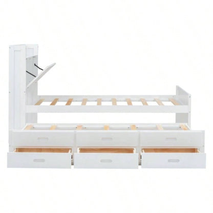 Twin Size Wooden Bed with Storage Headboard with Outlets, Extendable Bed with Twin Size Trundle with Three Storage Drawers, White