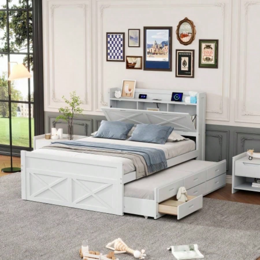 Twin Size Wooden Bed with Storage Headboard with Outlets, Extendable Bed with Twin Size Trundle with Three Storage Drawers, White