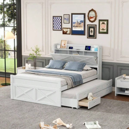 Twin Size Wooden Bed with Storage Headboard with Outlets, Extendable Bed with Twin Size Trundle with Three Storage Drawers, White