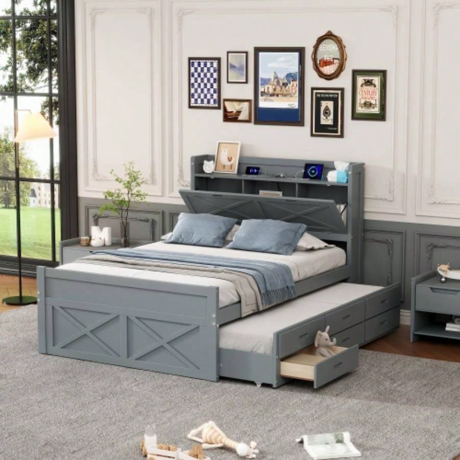Twin Size Wooden Bed with Storage Headboard with Outlets, Extendable Bed with Twin Size Trundle with Three Storage Drawers, White