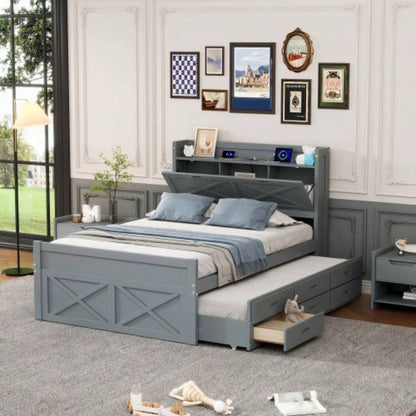 Twin Size Wooden Bed with Storage Headboard with Outlets, Extendable Bed with Twin Size Trundle with Three Storage Drawers, White