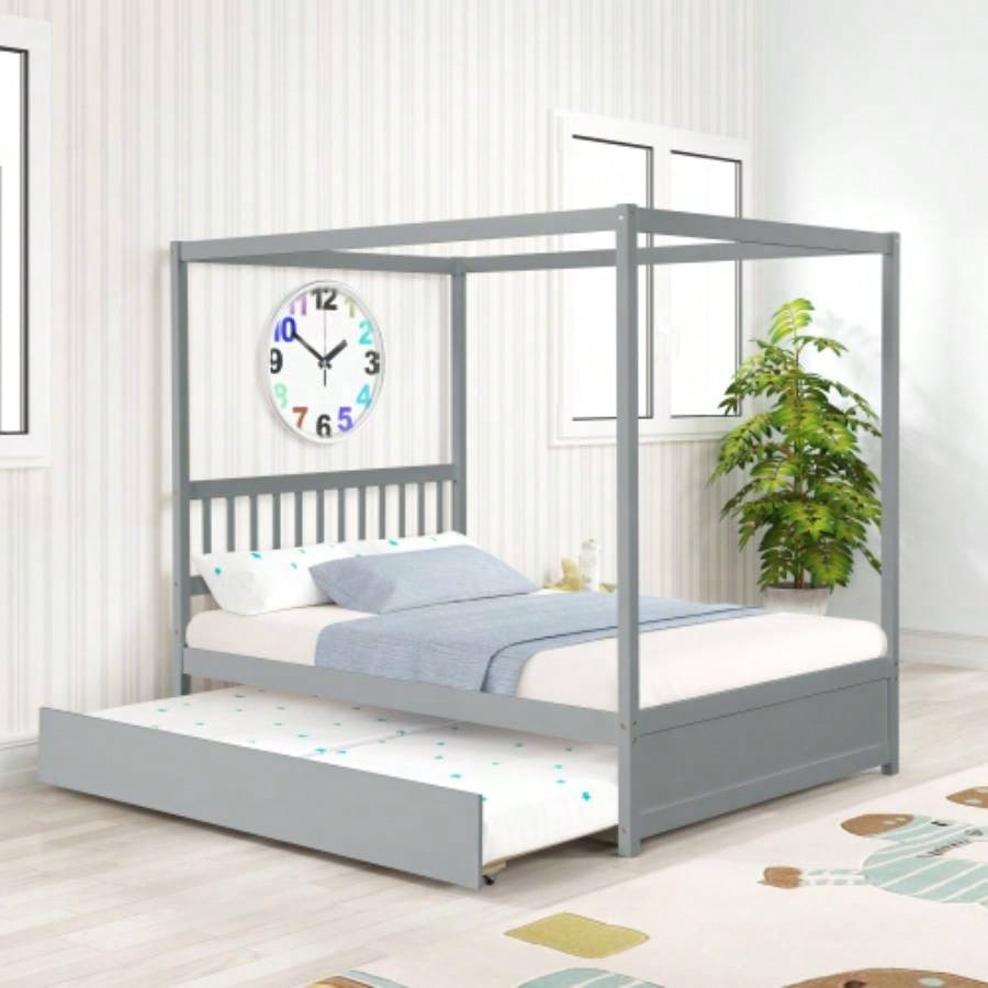 Full Size Canopy Bed with Twin Trundle, Kids Solid Wood Platform Bed Frame/ Headboard, No Box Spring Needed Color