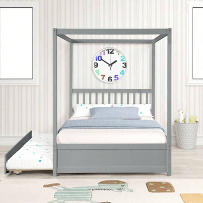 Full Size Canopy Bed with Twin Trundle, Kids Solid Wood Platform Bed Frame/ Headboard, No Box Spring Needed Color