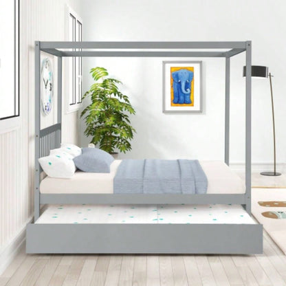 Full Size Canopy Bed with Twin Trundle, Kids Solid Wood Platform Bed Frame/ Headboard, No Box Spring Needed Color