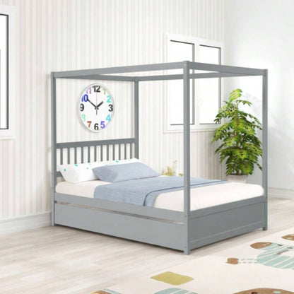 Full Size Canopy Bed with Twin Trundle, Kids Solid Wood Platform Bed Frame/ Headboard, No Box Spring Needed Color