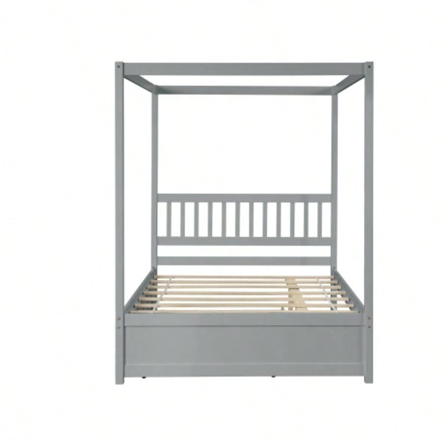 Full Size Canopy Bed with Twin Trundle, Kids Solid Wood Platform Bed Frame/ Headboard, No Box Spring Needed Color