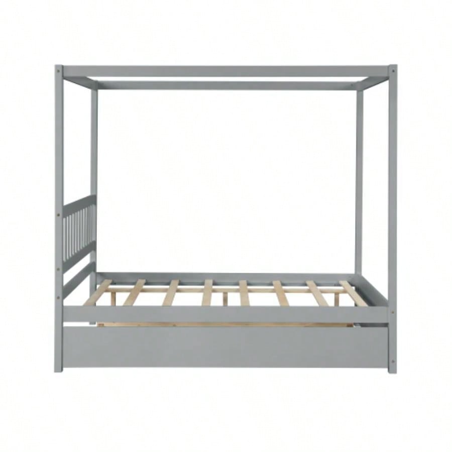 Full Size Canopy Bed with Twin Trundle, Kids Solid Wood Platform Bed Frame/ Headboard, No Box Spring Needed Color