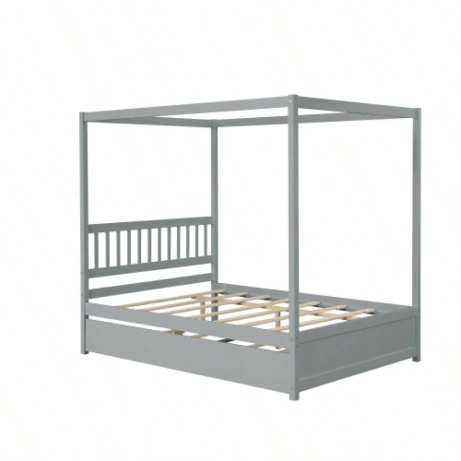 Full Size Canopy Bed with Twin Trundle, Kids Solid Wood Platform Bed Frame/ Headboard, No Box Spring Needed Color
