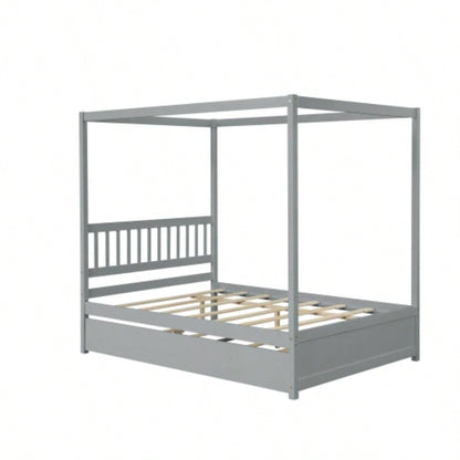 Full Size Canopy Bed with Twin Trundle, Kids Solid Wood Platform Bed Frame/ Headboard, No Box Spring Needed Color