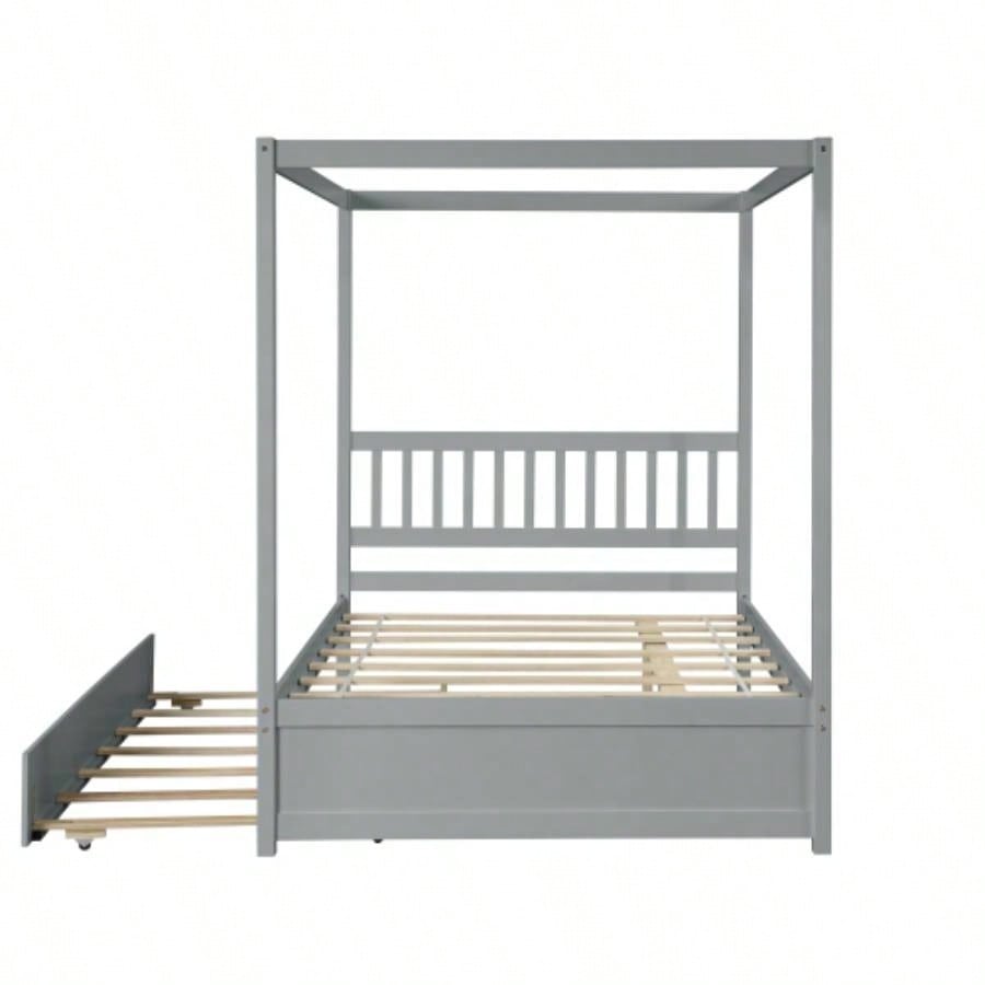 Full Size Canopy Bed with Twin Trundle, Kids Solid Wood Platform Bed Frame/ Headboard, No Box Spring Needed Color
