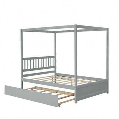 Full Size Canopy Bed with Twin Trundle, Kids Solid Wood Platform Bed Frame/ Headboard, No Box Spring Needed Color