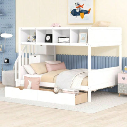 Twin over Full Bunk Bed with Shelfs, Storage Staircase and 2 Drawers, Gray