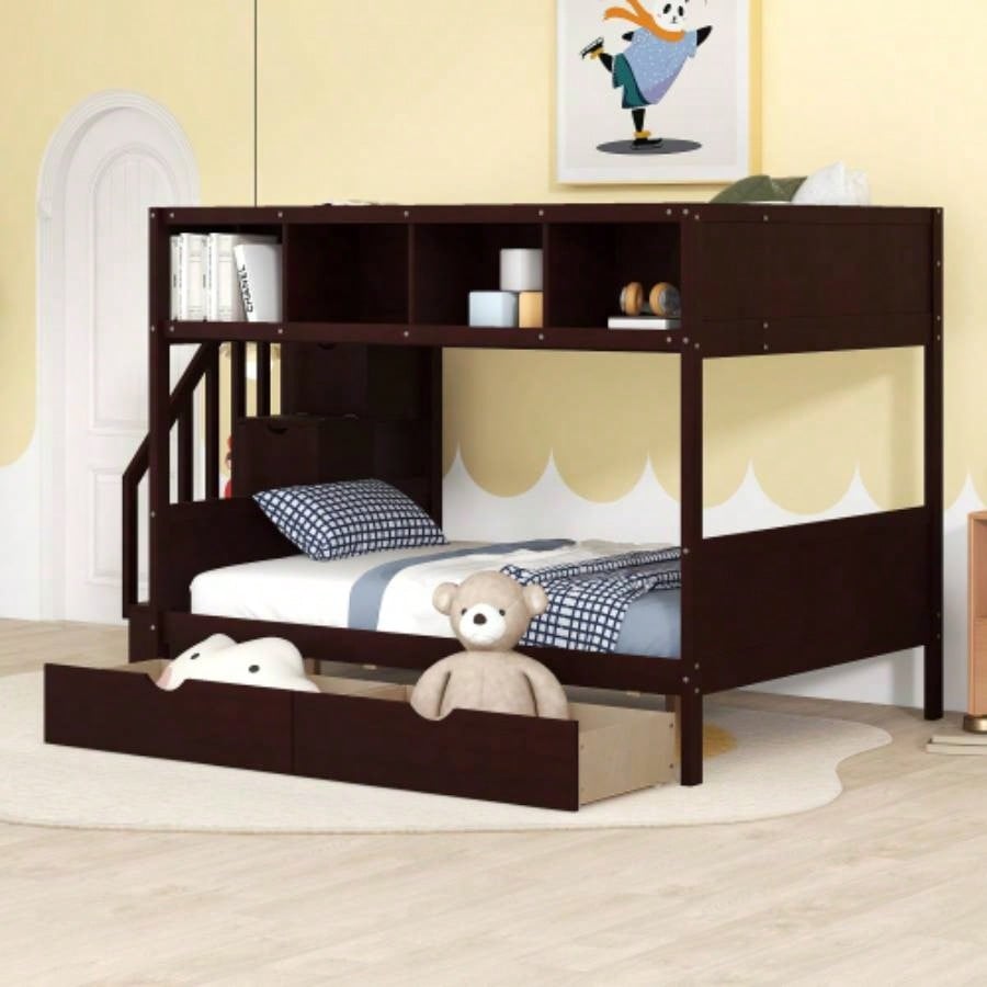 Twin over Full Bunk Bed with Shelfs, Storage Staircase and 2 Drawers, Gray