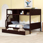 Twin over Full Bunk Bed with Shelfs, Storage Staircase and 2 Drawers, Gray