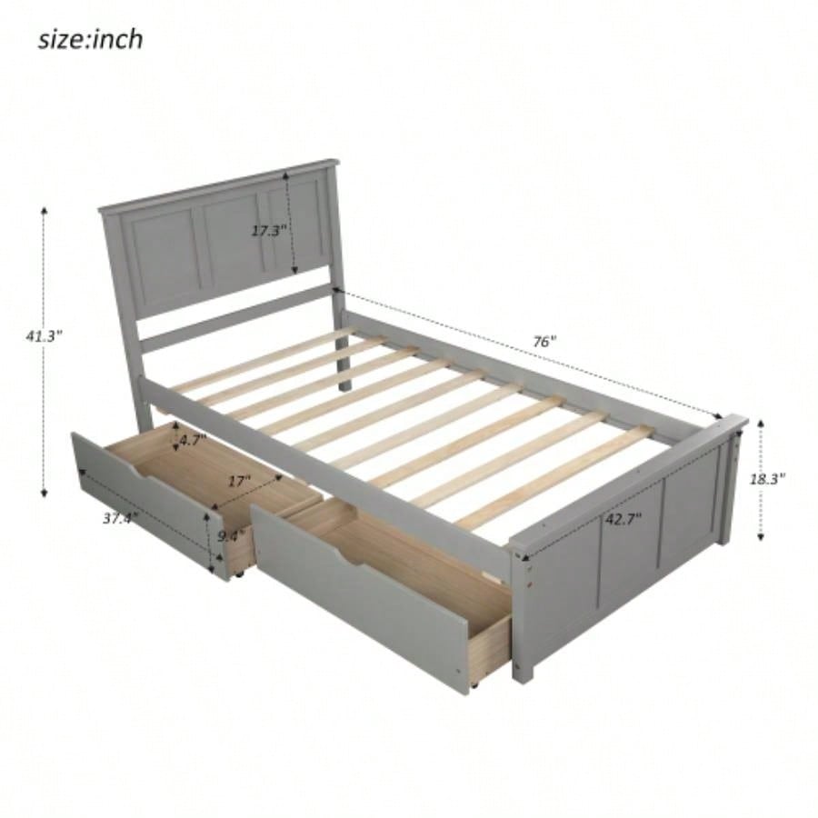 Platform Storage Bed, 2 drawers with wheels, Twin Size Frame, Gray New SKU: WF283062AAE