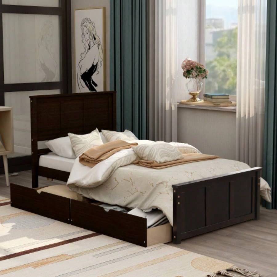 Platform Storage Bed, 2 drawers with wheels, Twin Size Frame, Espresso New SKU: WF283062AAP