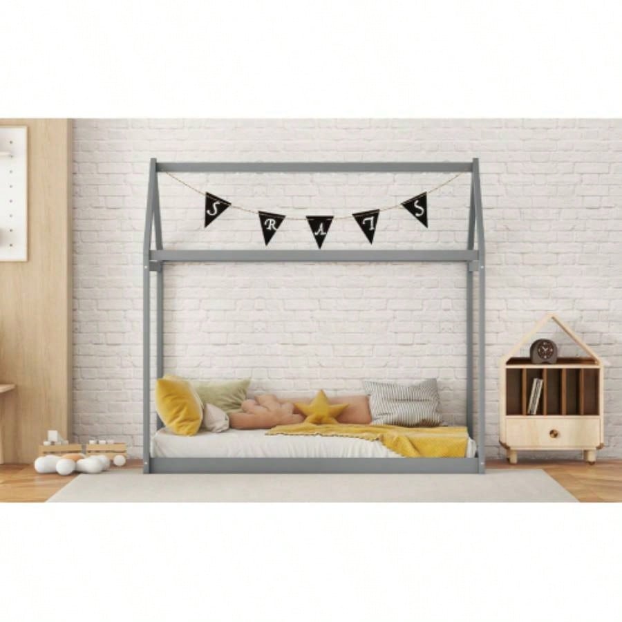 Twin Size Wooden House Bed, Gray