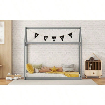 Twin Size Wooden House Bed, Gray