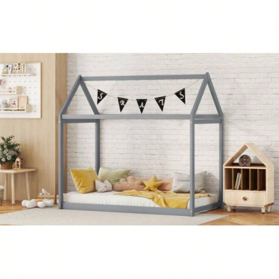 Twin Size Wooden House Bed, Gray