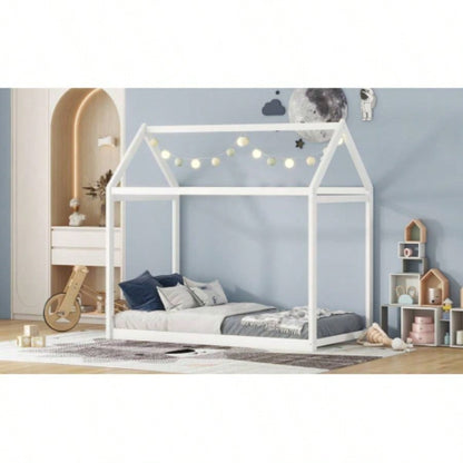 Twin Size Wooden House Bed, White