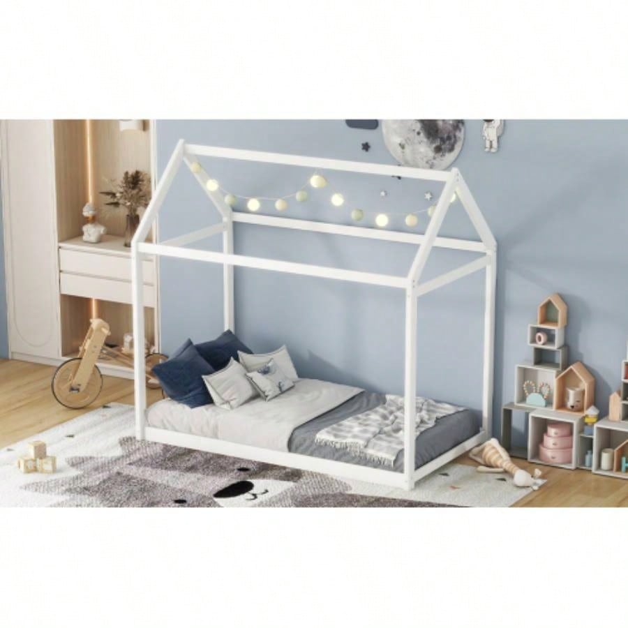Twin Size Wooden House Bed, White