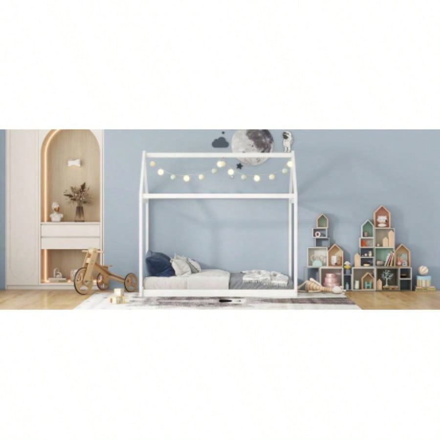 Twin Size Wooden House Bed, White