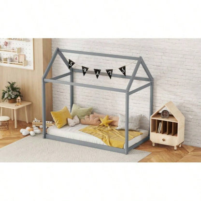 Twin Size Wooden House Bed, Gray