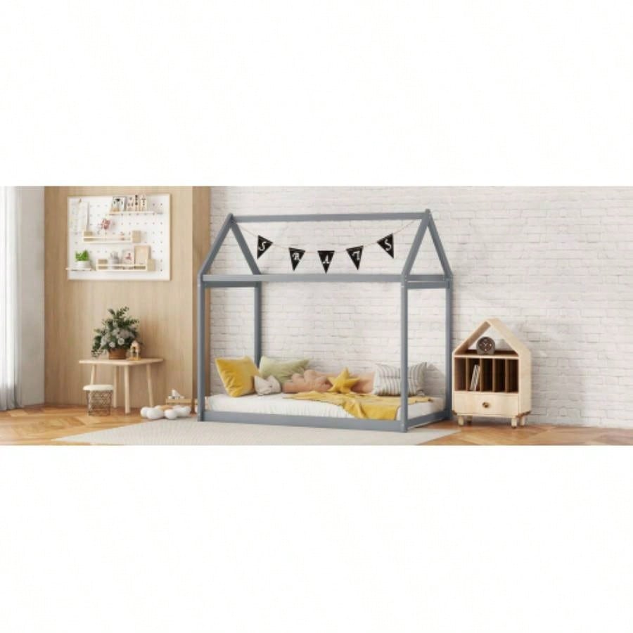 Twin Size Wooden House Bed, Gray
