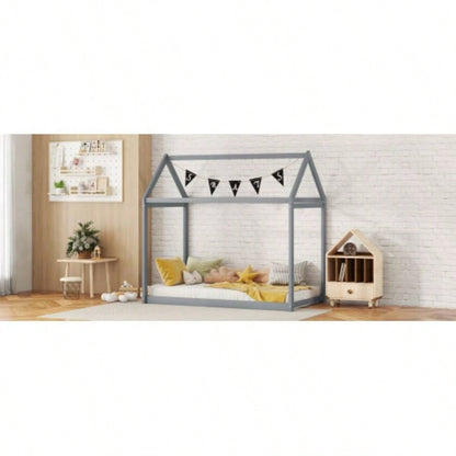 Twin Size Wooden House Bed, Gray