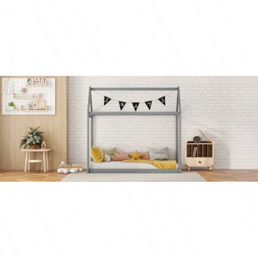 Twin Size Wooden House Bed, Gray