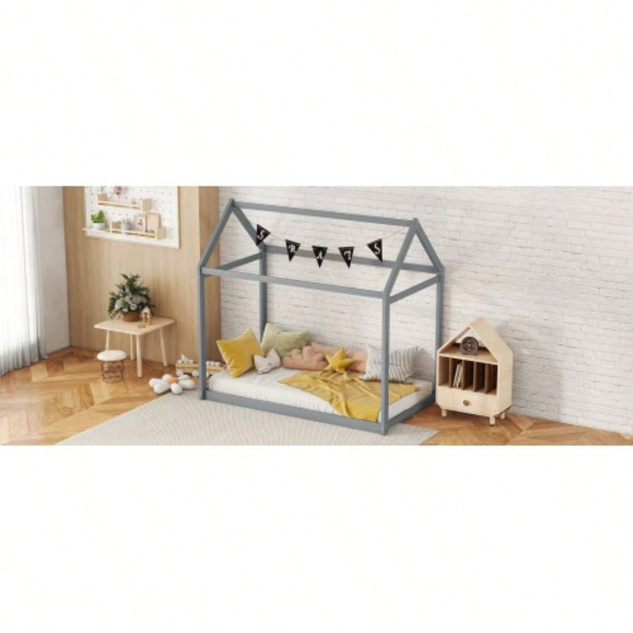 Twin Size Wooden House Bed, Gray