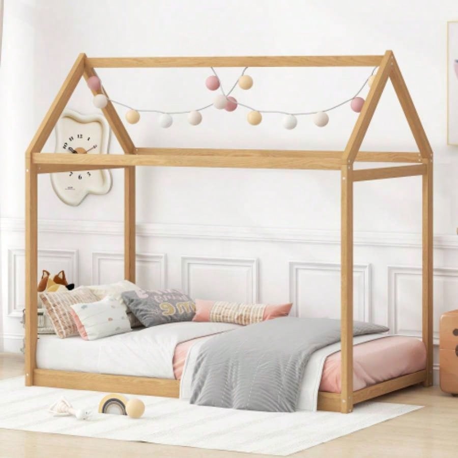 Twin Size Wooden House Bed, Gray