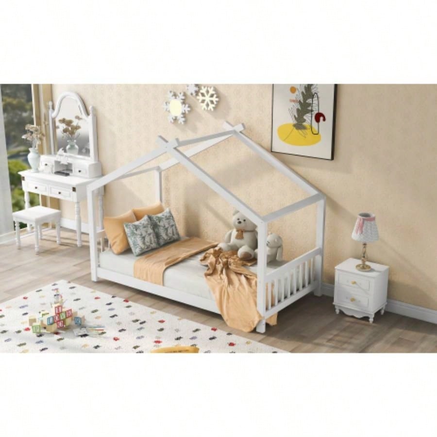 Twin Size House Platform Bed with Headboard and Footboard, Roof Design, White