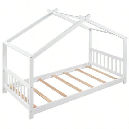 Twin Size House Platform Bed with Headboard and Footboard, Roof Design, White