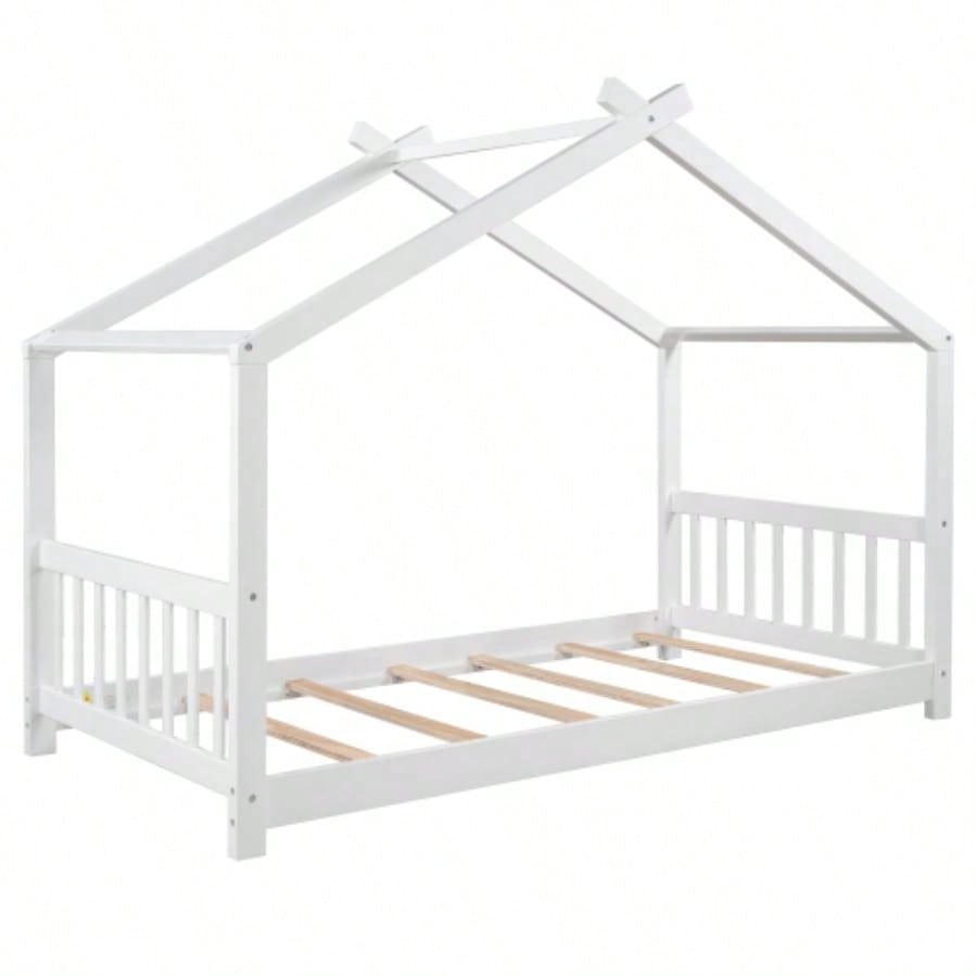 Twin Size House Platform Bed with Headboard and Footboard, Roof Design, White