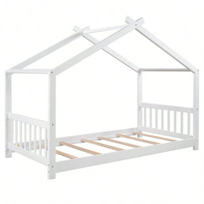 Twin Size House Platform Bed with Headboard and Footboard, Roof Design, White