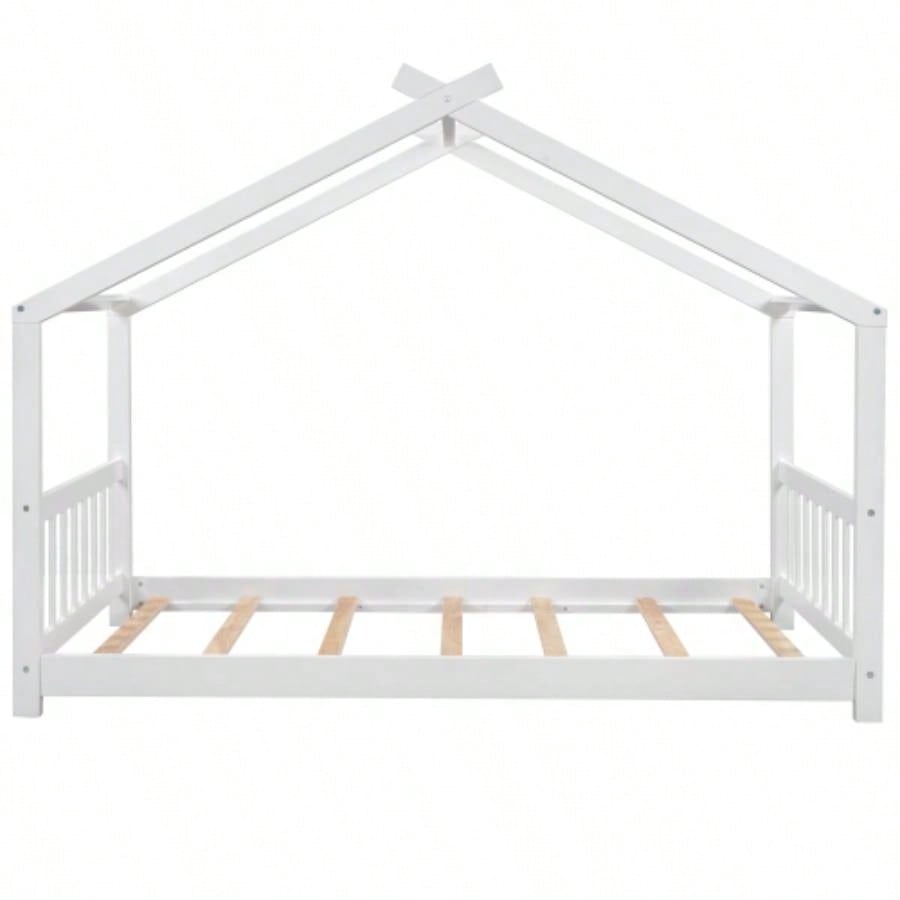 Twin Size House Platform Bed with Headboard and Footboard, Roof Design, White