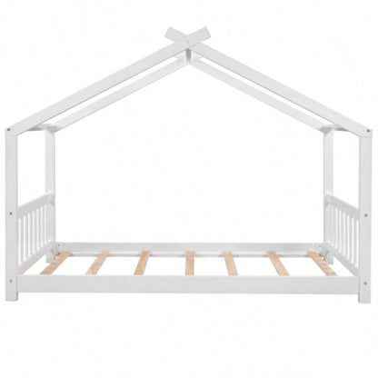 Twin Size House Platform Bed with Headboard and Footboard, Roof Design, White