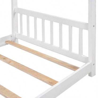 Twin Size House Platform Bed with Headboard and Footboard, Roof Design, White