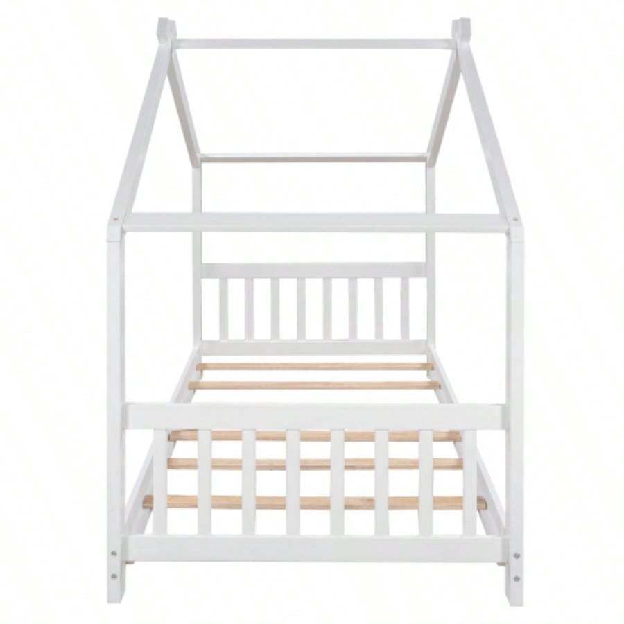 Twin Size House Platform Bed with Headboard and Footboard, Roof Design, White