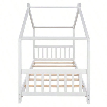 Twin Size House Platform Bed with Headboard and Footboard, Roof Design, White