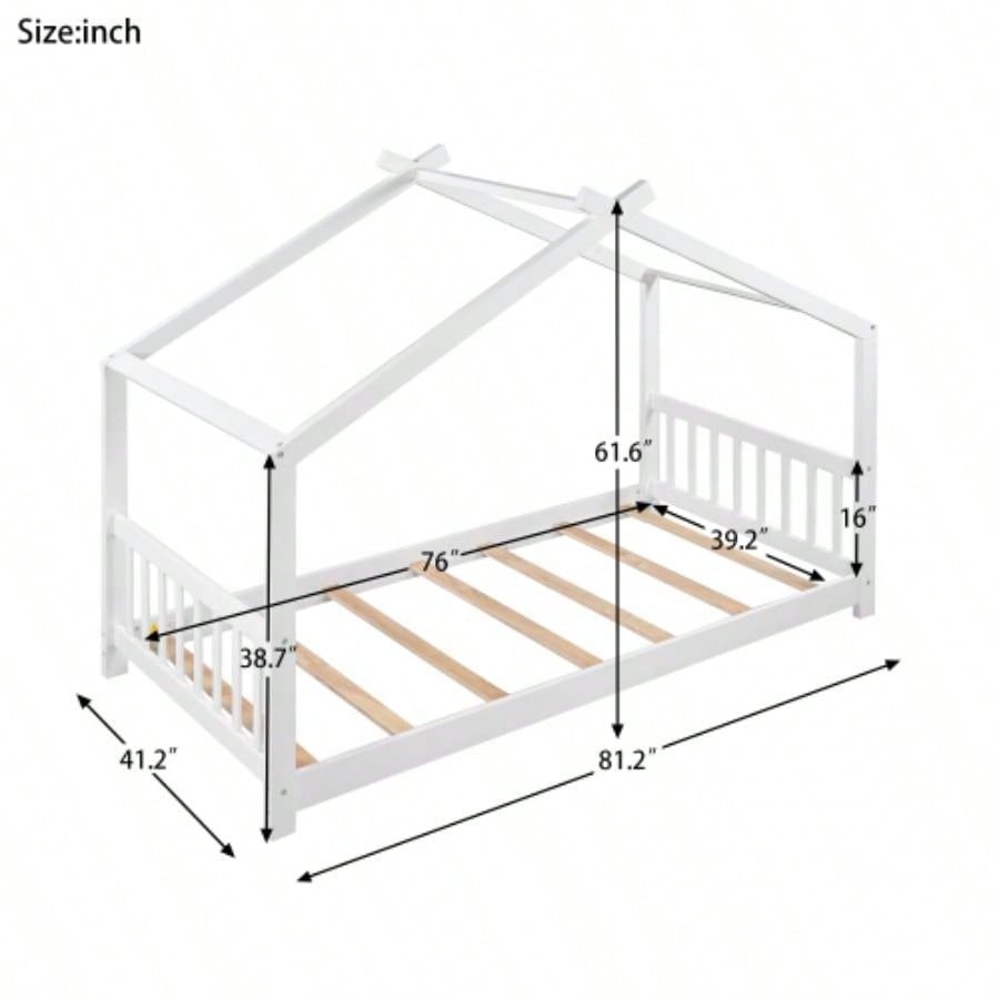 Twin Size House Platform Bed with Headboard and Footboard, Roof Design, White