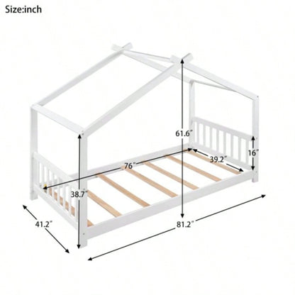 Twin Size House Platform Bed with Headboard and Footboard, Roof Design, White