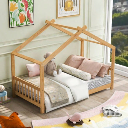Twin Size House Platform Bed with Headboard and Footboard, Roof Design, White