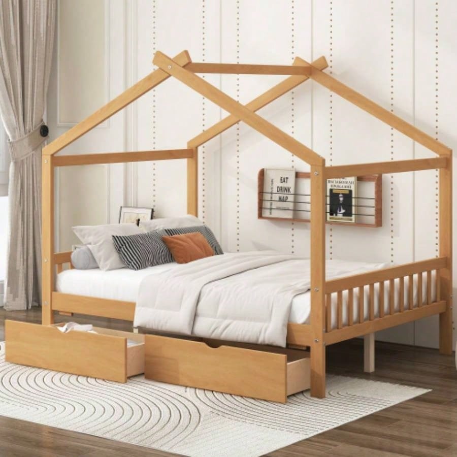 Twin Size House Platform Bed with Headboard and Footboard, Roof Design, White