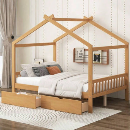 Twin Size House Platform Bed with Headboard and Footboard, Roof Design, White